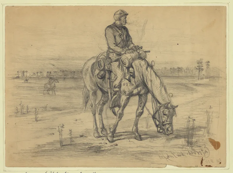 Pencil sketch of a Union cavalryman smoking a pipe on a grazing horse in an open, stump-dotted field, with another rider far behind.