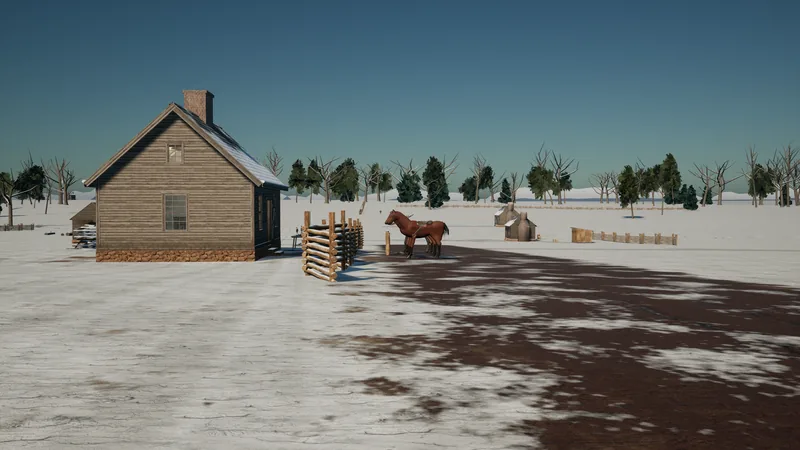 A clapboard house with a brick chimney beside a muddy road through snow, a short rail fence and two saddled horses, bare trees and pines along the horizon.