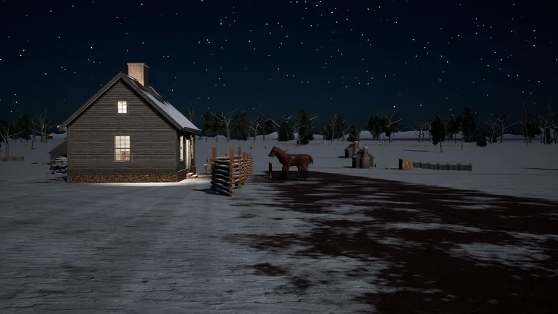 The same house at night under a starry sky, warm light in two windows, the snow pale in the moonlight and the horses dark by the fence.
