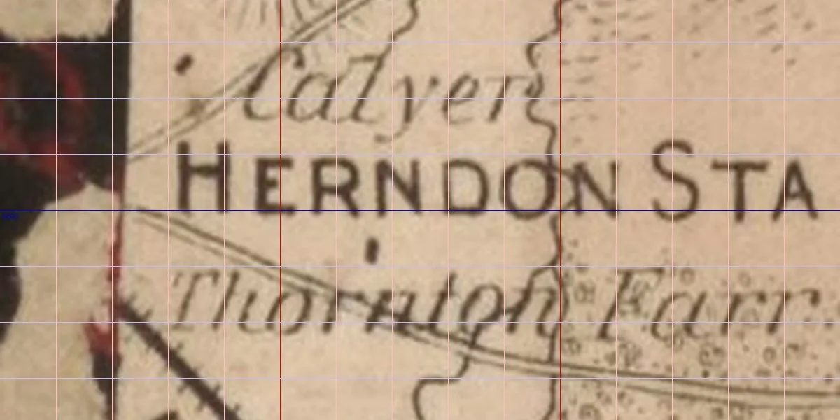 Detail of an engraved 1862 map: the words HERNDON STA in capitals, the name Calyer above, Thornton Farm below, a railroad line with cross-ticks, a road and a winding creek.